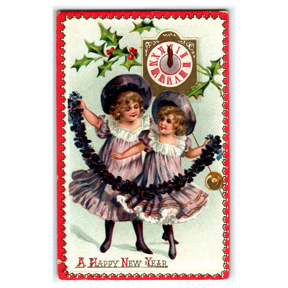 Raphael Tuck New Year Postcard 1910 Girls Holly Clock Antique Lithgow Postmark
